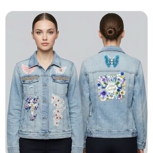 Light Wash Embroidered Denim Jacket with Floral and Wing Patches